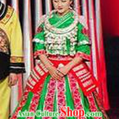 Chinese Charm Xiangxi Miao Nationality Dance Green Dress Stage Performance Costume and Headpiece for Women