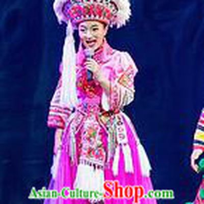 Chinese Charm Xiangxi Tujia Nationality Dance Rosy Dress Stage Performance Costume and Headpiece for Women