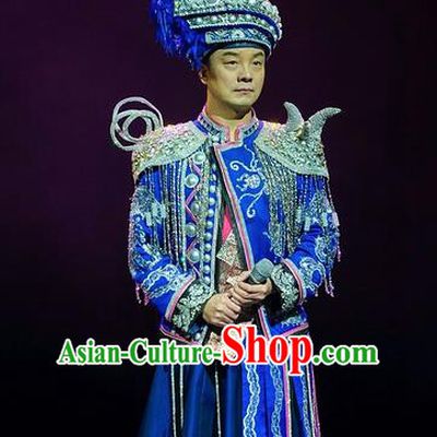 Chinese Charm Xiangxi Tujia Nationality Wedding Blue Clothing Stage Performance Dance Costume for Men