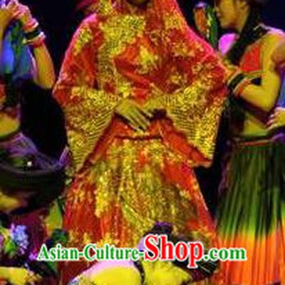 Chinese Charm Xiangxi Tujia Nationality Dance Wedding Dress Stage Performance Costume and Headpiece for Women