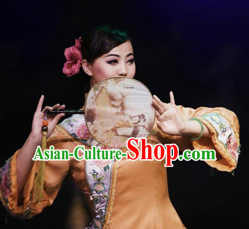 Chinese Oriental Apparel Fan Dance Yellow Dress Stage Performance Ethnic Costume for Women Chinese Oriental Apparel Fan Dance Yellow Dress Stage Performance Ethnic Costume for Women