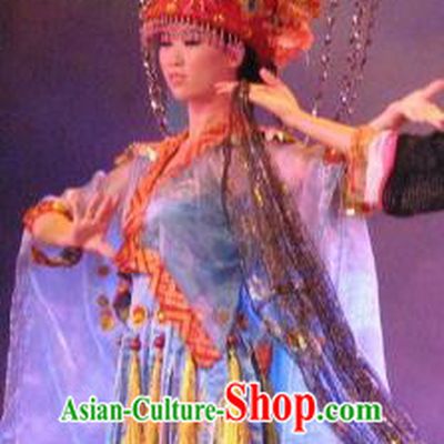 Chinese Oriental Apparel Dong Nationality Dance Blue Dress Stage Performance Costume and Headpiece for Women