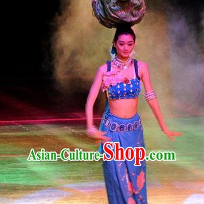 Chinese Oriental Apparel Dai Nationality Dance Blue Dress Stage Performance Costume and Headpiece for Women
