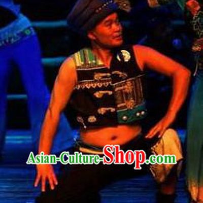 Chinese Thorn Quinoa Flowers Tujia Nationality Black Clothing Stage Performance Dance Costume for Men