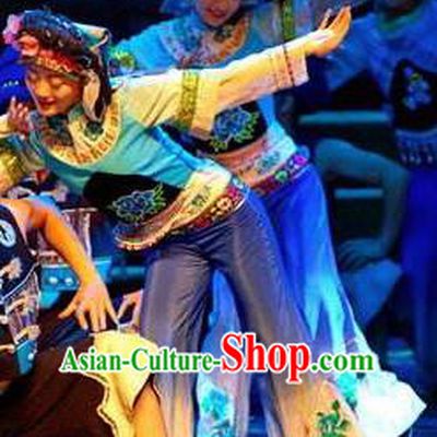 Chinese Thorn Quinoa Flowers Tujia Nationality Dance Blue Dress Stage Performance Costume and Headpiece for Women