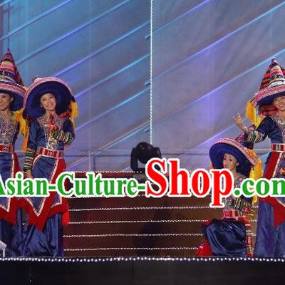 Chinese The Dream Of The Beibu Gulf Yao Nationality Dance Blue Dress Stage Performance Costume and Headpiece for Women