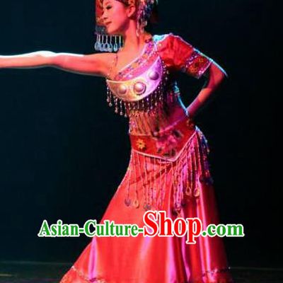 Chinese Dream Like Lijiang Zhuang Nationality Ethnic Dance Dress Stage Performance Costume and Headpiece for Women