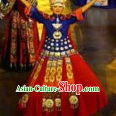 Chinese Xijiang Grand Ceremony Miao Nationality Bride Wedding Red Dress Stage Performance Costume and Headpiece for Women