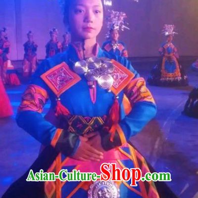 Chinese Xijiang Grand Ceremony Miao Nationality Dance Blue Dress Stage Performance Costume and Headpiece for Women