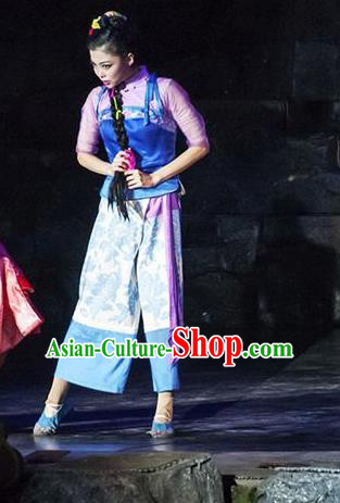 Chinese Border Town Miao Nationality Boat Girl Cui Cui Dance Dress Stage Performance Costume and Headpiece for Women