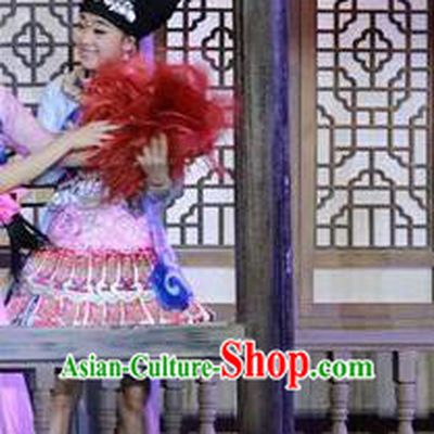 Chinese Border Town Miao Nationality Girl Dance Dress Stage Performance Costume and Headpiece for Women