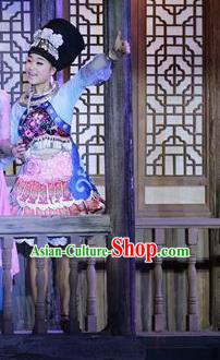 Chinese Border Town Miao Nationality Girl Dance Dress Stage Performance Costume and Headpiece for Women