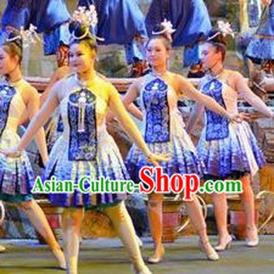 Chinese Border Town Miao Nationality Folk Dance Blue Dress Stage Performance Costume and Headpiece for Women