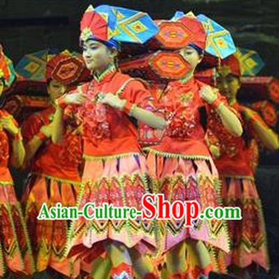 Chinese Border Town Miao Nationality Dance Red Dress Stage Performance Costume and Headpiece for Women