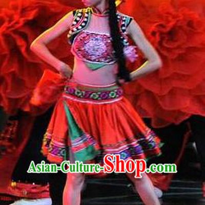 Chinese Charm Xiangxi Tujia Nationality Folk Dance Dress Stage Performance Costume and Headpiece for Women