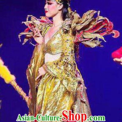 Chinese Golden Mask Dynasty Queen Dance Dress Stage Performance Costume and Headpiece for Women