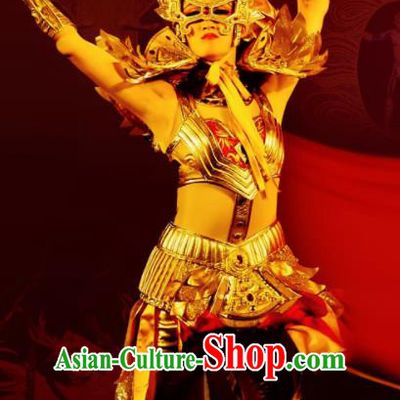Chinese Golden Mask Dynasty Female Warrior Dance Dress Stage Performance Costume and Headpiece for Women
