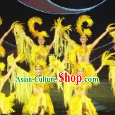 Chinese Golden Mask Dynasty Classical Dance Yellow Dress Stage Performance Costume and Headpiece for Women