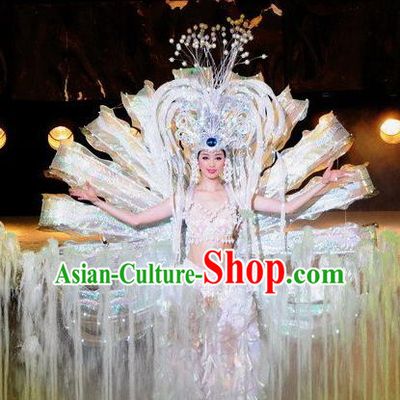 Chinese Dragon Phoenix Dance White Dress Stage Performance Costume and Headpiece for Women