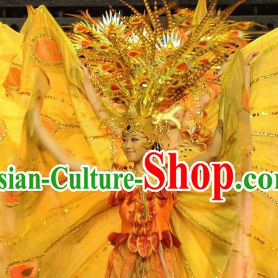 Chinese Dragon Phoenix Dance Butterfly Wing Dress Stage Performance Costume and Headpiece for Women