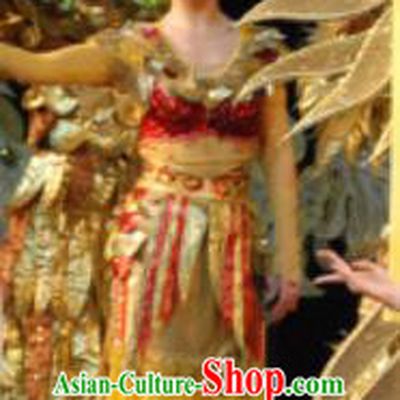 Chinese Golden Mask Dynasty Dance Yellow Dress Stage Performance Costume and Headpiece for Women