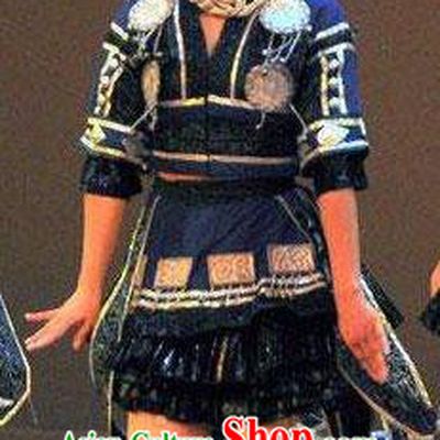 Chinese Wind Of Colorful Guizhou Miao Nationality Ethnic Dance Navy Dress Stage Performance Costume and Headpiece for Women