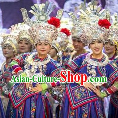 Chinese Wind Of Colorful Guizhou Miao Nationality Ethnic Dance Royalblue Dress Stage Performance Costume and Headpiece for Women