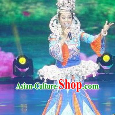 Chinese Wind Of Colorful Guizhou Dong Nationality Ethnic Dance Dress Stage Performance Costume and Headpiece for Women