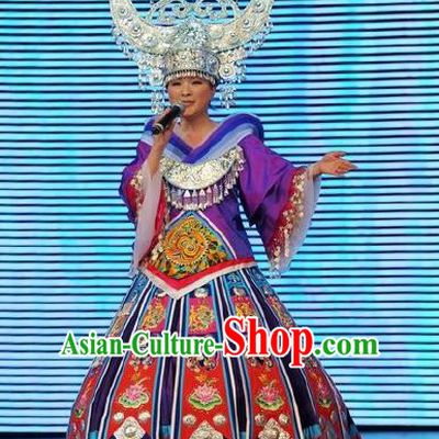 Chinese Wind Of Colorful Guizhou Miao Nationality Ethnic Dance Purple Dress Stage Performance Costume and Headpiece for Women