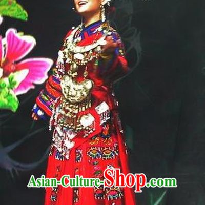 Chinese Wind Of Colorful Guizhou Miao Nationality Ethnic Dance Red Dress Stage Performance Costume and Headpiece for Women