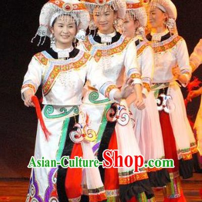 Chinese Wind Of Colorful Guizhou Yao Nationality Ethnic Dance White Dress Stage Performance Costume and Headpiece for Women