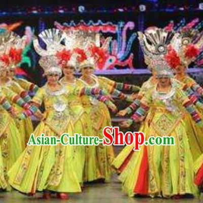 Chinese Wind Of Colorful Guizhou Miao Nationality Ethnic Dance Yellow Dress Stage Performance Costume and Headpiece for Women