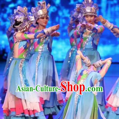 Chinese Wind Of Colorful Guizhou Miao Nationality Ethnic Dance Blue Dress Stage Performance Costume and Headpiece for Women