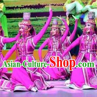 Chinese Saihan Tara Mongol Nationality Dance Purple Dress Stage Performance Costume and Headpiece for Women