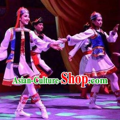 Chinese Saihan Tara Mongol Nationality Dance White Dress Stage Performance Costume and Headpiece for Women