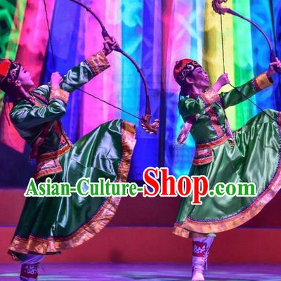 Chinese Saihan Tara Mongol Nationality Dance Green Dress Stage Performance Costume and Headpiece for Women