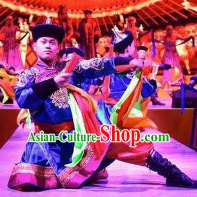 Chinese Saihan Tara Mongol Nationality Blue Clothing Stage Performance Dance Costume for Men