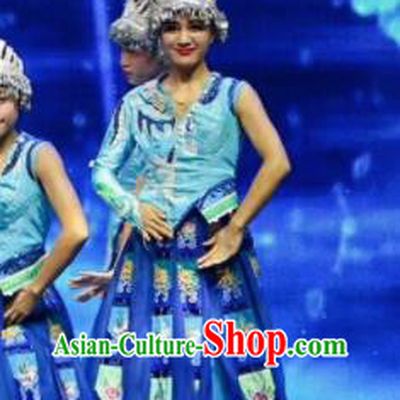 Chinese Wind Of Colorful Guizhou Miao Nationality Dance Blue Dress Stage Performance Costume and Headpiece for Women