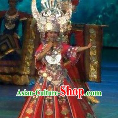 Chinese Wind Of Colorful Guizhou Miao Nationality Dance Red Dress Stage Performance Costume and Headpiece for Women