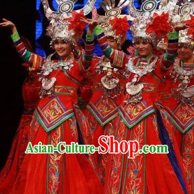 Chinese Wind Of Colorful Guizhou Miao Nationality Ethnic Dance Red Dress Stage Performance Costume and Headpiece for Women