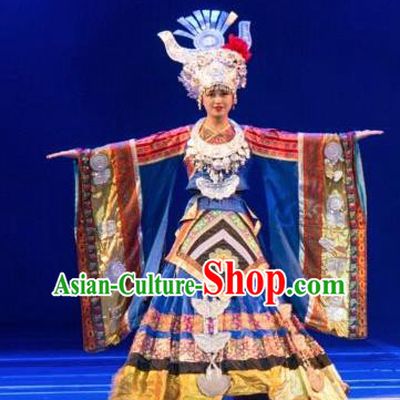 Chinese Wind Of Colorful Guizhou Miao Nationality Ethnic Dance Blue Dress Stage Performance Costume and Headpiece for Women