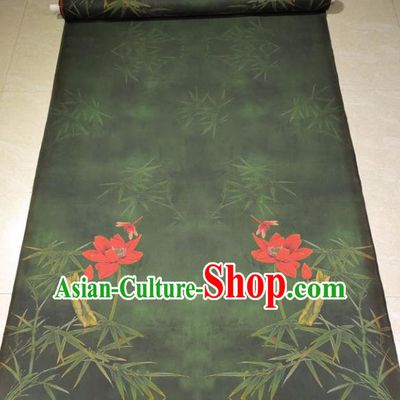 Traditional Chinese Classical Bamboo Lotus Pattern Green Gambiered Guangdong Gauze Silk Fabric Ancient Hanfu Dress Silk Cloth