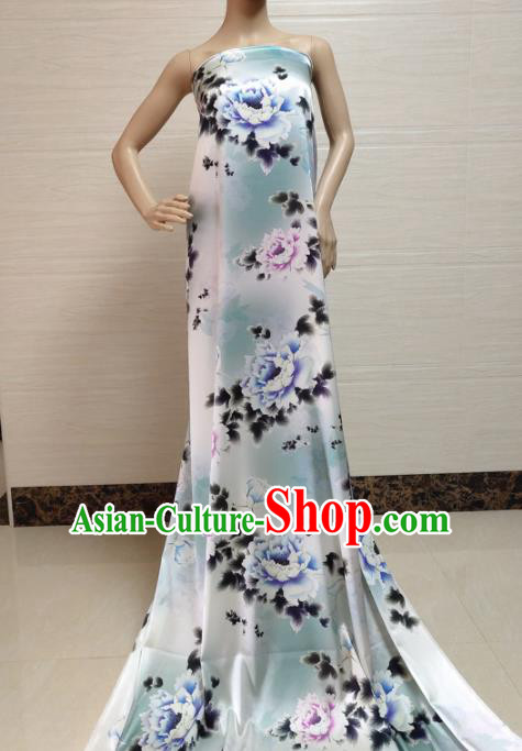 Traditional Chinese Classical Peony Pattern Light Blue Gambiered Guangdong Gauze Silk Fabric Ancient Hanfu Dress Silk Cloth