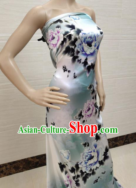 Traditional Chinese Classical Peony Pattern Light Blue Gambiered Guangdong Gauze Silk Fabric Ancient Hanfu Dress Silk Cloth