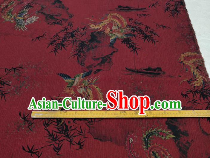Traditional Chinese Classical Bamboo Phoenix Pattern Dark Red Gambiered Guangdong Gauze Silk Fabric Ancient Hanfu Dress Silk Cloth