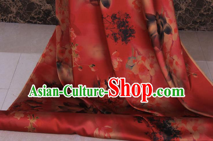 Traditional Chinese Classical Lotus Pattern Red Gambiered Guangdong Gauze Silk Fabric Ancient Hanfu Dress Silk Cloth