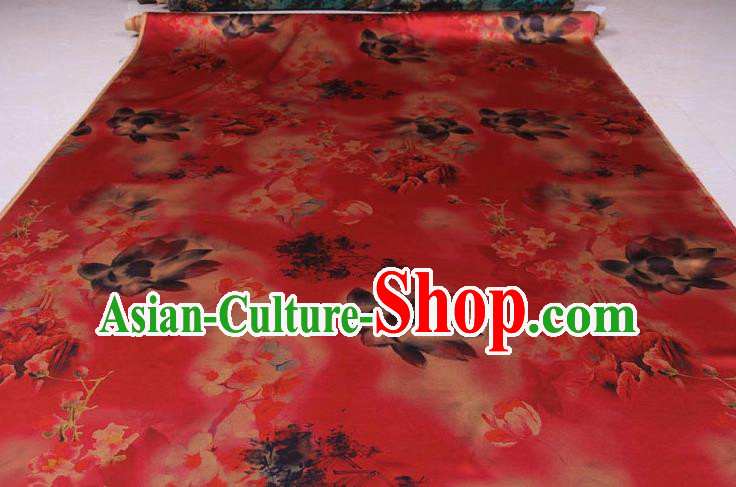 Traditional Chinese Classical Lotus Pattern Red Gambiered Guangdong Gauze Silk Fabric Ancient Hanfu Dress Silk Cloth