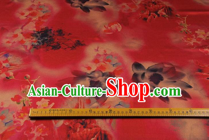 Traditional Chinese Classical Lotus Pattern Red Gambiered Guangdong Gauze Silk Fabric Ancient Hanfu Dress Silk Cloth