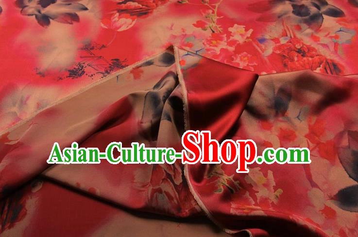 Traditional Chinese Classical Lotus Pattern Red Gambiered Guangdong Gauze Silk Fabric Ancient Hanfu Dress Silk Cloth
