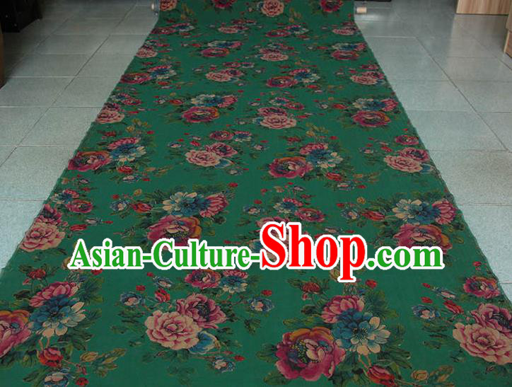 Traditional Chinese Classical Peony Pattern Deep Green Gambiered Guangdong Gauze Silk Fabric Ancient Hanfu Dress Silk Cloth